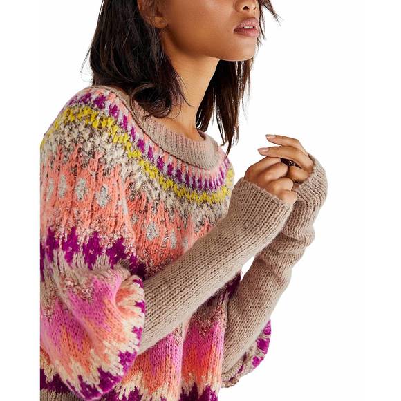 NEW FREE PEOPLE home for the holidays sweater in raspberry combo - Picture 3 of 3